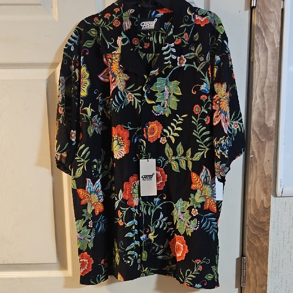 FRESH PRINTS OF BEL-AIR BY DRILL CO MENS BUTTON DOWN TROPICAL SHORT SLEEVE: L